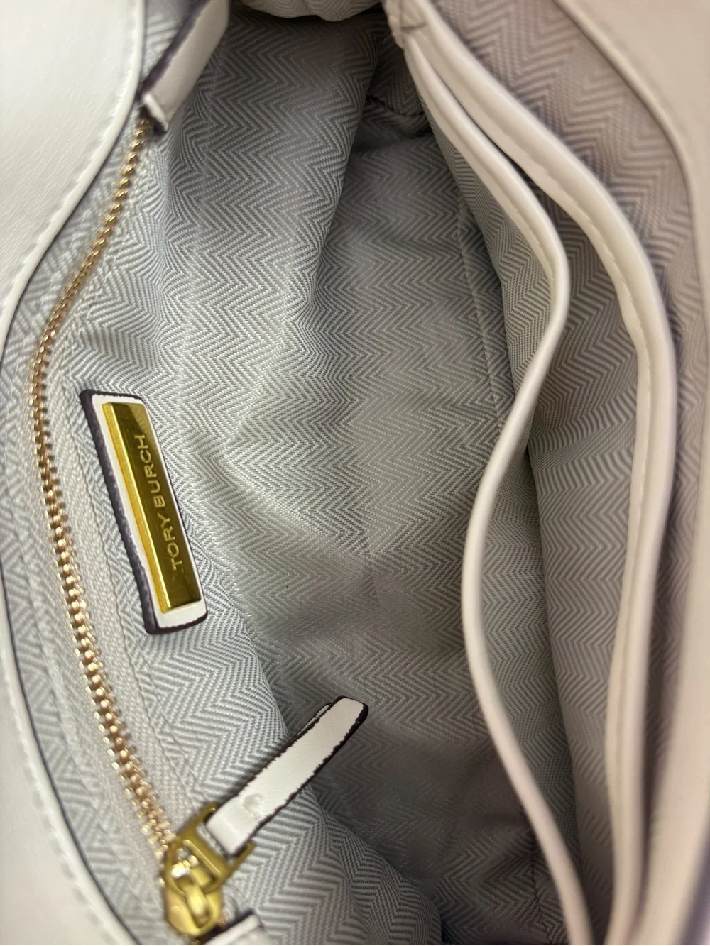 Tory Burch Cream Chevron Quilted Top-Handle Satchel with Gold Hardware